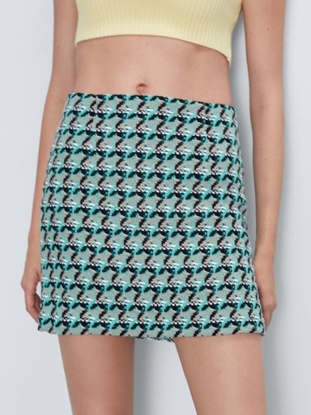 Zara Green Black Beige Woven Tweed A-Line Mini Skirt XS